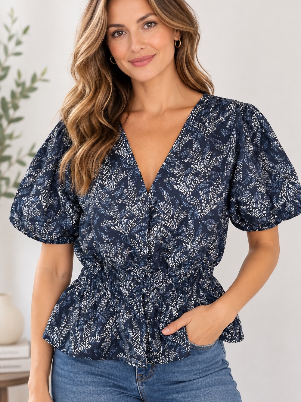 Michael Kors Navy and White Floral V-Neck Smocked Peplum Blouse